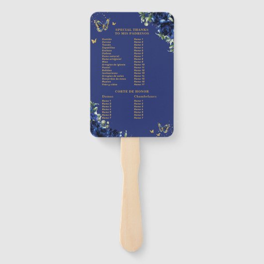 Quinceañera Royal Blue Floral Evenementen Programm Handwaaier (Achterkant)