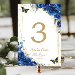 Quinceañera Royal Blue Floral Gold Butterflies Kaart