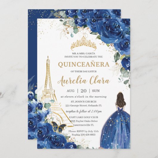 Quinceañera Royal Blue Floral Paris Eiffel Gold Kaart (Voorkant / Achterkant)