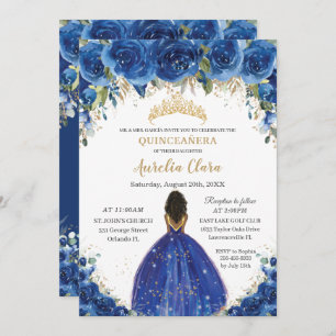 Quinceañera Royal Blue Floral Princess Birthday 16 Kaart