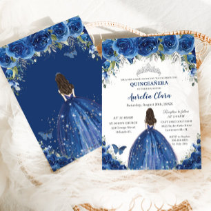 Quinceañera Royal Blue Floral Princess Birthday Kaart