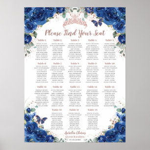 Quinceañera Royal Blue Floral Roos Gold Zitplaatse Poster