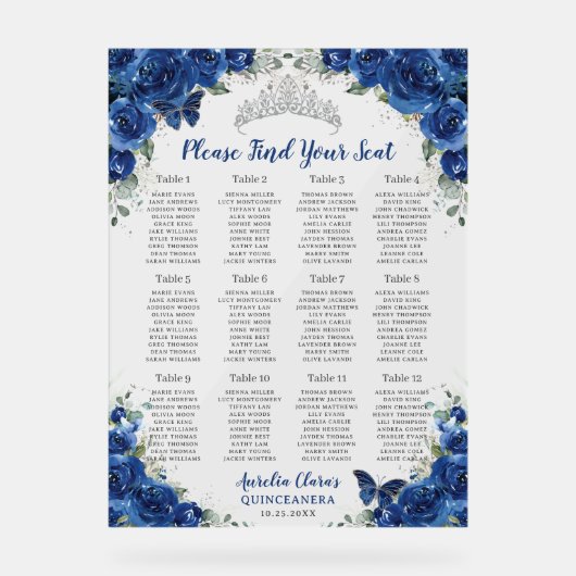 Quinceañera Royal Blue Floral Siège en argent (Recto)