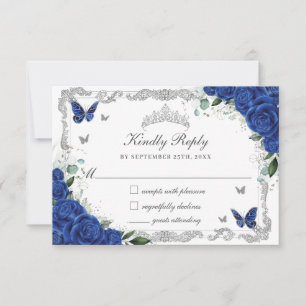 Quinceañera Royal Blue Floral Silver Butterflies RSVP Kaartje
