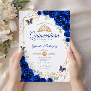 Quinceanera Royal Blue Gold Floral Kaart