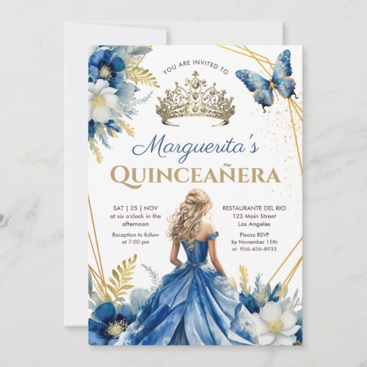 Quinceañera Royal Blue Gold Tiara Bloemenvlinder Kaart (Voorkant)