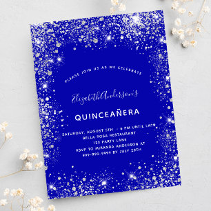 Quinceanera royal blue Silver glitter stofglazuur Uitnodiging Briefkaart
