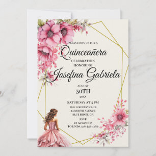 Quinceañera roze bloemen uitnodiging
