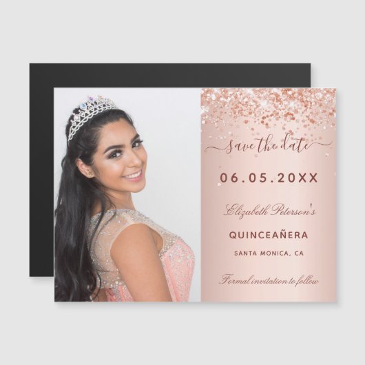 Quinceanera roze blos foto Bewaar de datum-magneet (Voorkant / Achterkant)