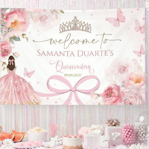 Quinceañera Roze Boog Bloem Vlinder Spandoek