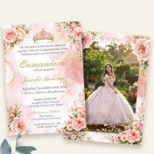 Quinceañera Roze en Gouden Bloemen met Foto