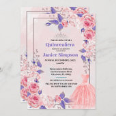 Quinceañera roze en paarse rozen uitnodiging (Voorkant / Achterkant)