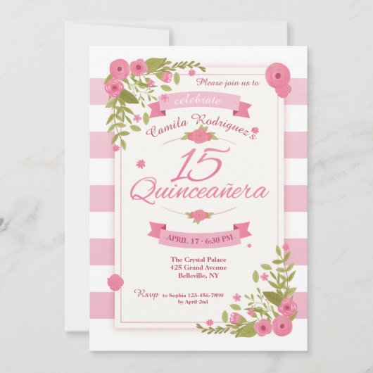 Quinceañera roze en witte strepen uitnodiging (Voorkant)