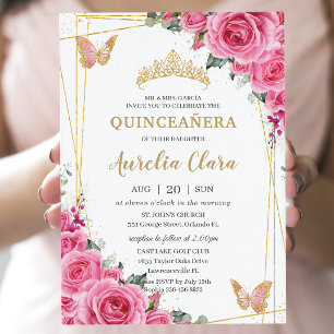 Quinceañera Roze Fuchsia Bloemen Gouden Vlinders Kaart