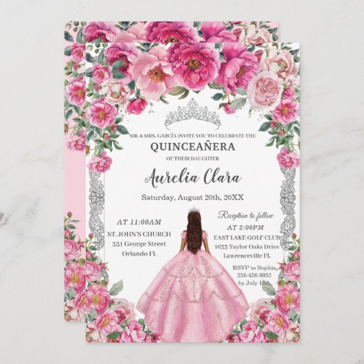 Quinceañera Roze Fuchsia Bloemen Jurk Gown Zilver Kaart (Voorkant / Achterkant)