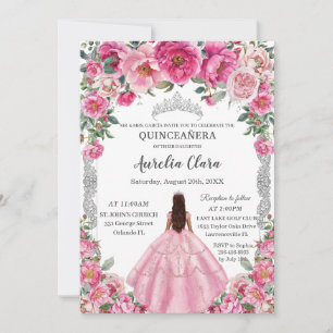 Quinceañera Roze Fuchsia Bloemen Jurk Gown Zilver Kaart