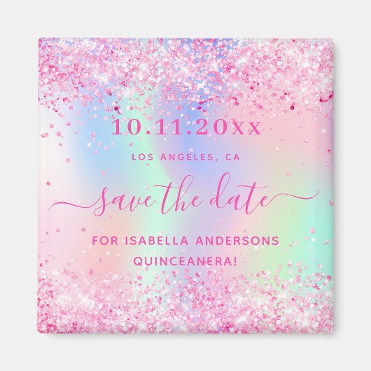 Quinceanera roze glitter save the date magnet magneet (Voorkant)