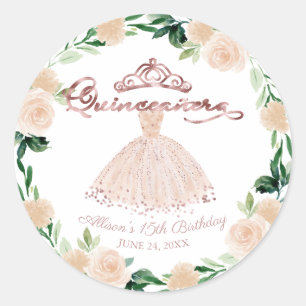 Quinceanera Roze Goud Blush Jurk Roze Bloemen Ronde Sticker