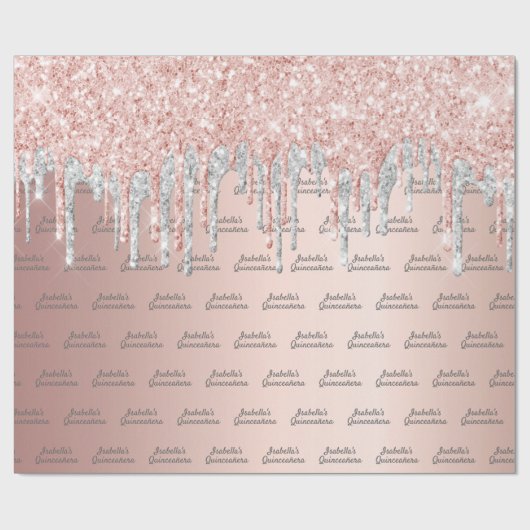 Quinceanera roze goud glinster zilver glans cadeaupapier (Vlak)