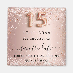 Quinceanera roze goud glittersparel save the date magneet