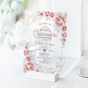 Quinceanera Roze Goud Roze Bloem Acryl Uitnodigingen