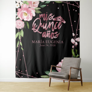 Quinceanera Roze Gouden Folie Roze Bloemstuk Achte Wandkleed