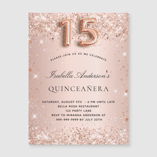 Quinceanera roze gouden glansmagneet uitnodiging (Voorkant)