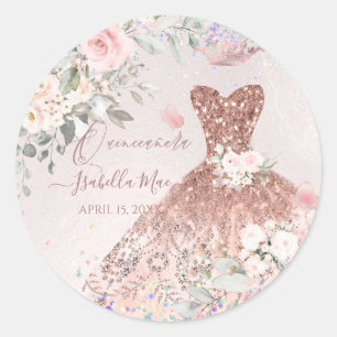 Quinceanera Roze Gouden Glitter Quince Jurk Ronde Sticker