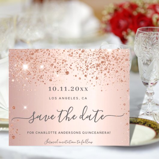 Quinceanera roze gouden glitters save the date