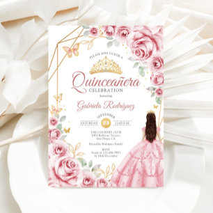 Quinceanera Roze Gouden Jurk Bloemen Kaart