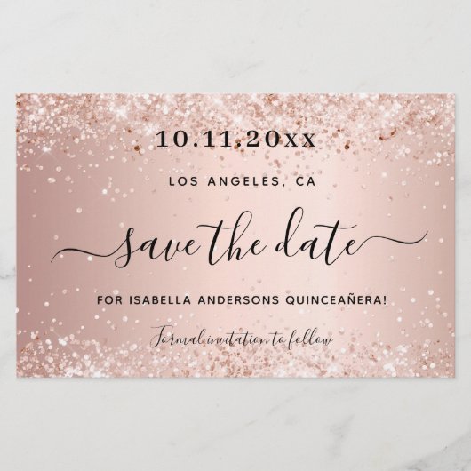 Quinceanera roze gouden save the date kaart (Voorkant)