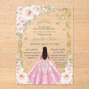 Quinceañera Roze Jurk Vintage Goud Blush Bloemen Acryl Uitnodigingen