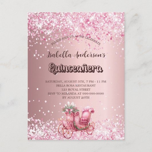 Quinceanera roze koets elegante partij uitnodiging briefkaart (Voorkant)