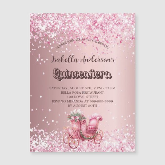 Quinceanera roze koets luxe party magnetische uitnodiging (Voorkant)