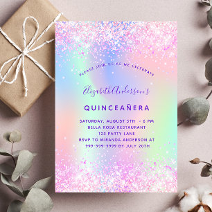 Quinceanera roze paarse glitterholografisch uitnodiging briefkaart