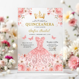 Quinceañera Roze Roos Bloem Vlinder Acryl Uitnodigingen