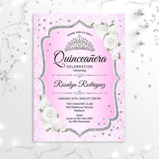 Quinceanera - Roze Silver Uitnodiging