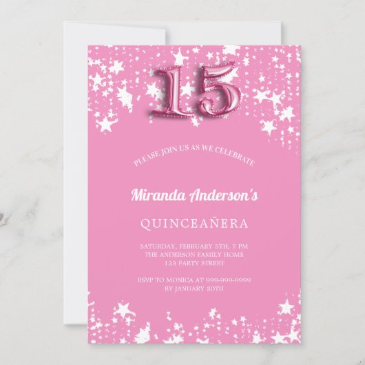 Quinceanera roze witte sterren meisje kaart (Voorkant)