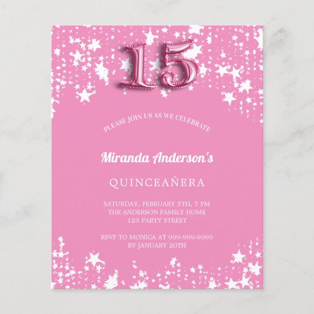 Quinceanera roze witte sterren uitnodiging (Voorkant)