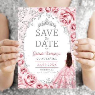 Quinceanera Roze Zilver Bloem Save The Date