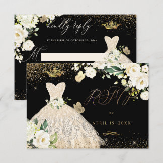 Quinceanera RSVP Champagne Gold Glitter Gown Kaart