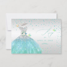 Quinceanera RSVP Turquoise Silver Glitter Gown Inv
