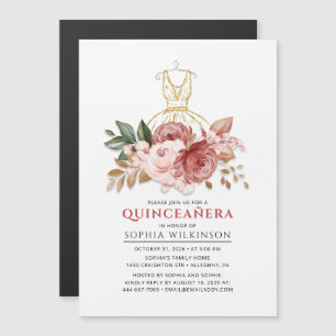 Quinceanera Rustieke Bloemen Faux Gouden Jurk 15e Magnetische Uitnodiging
