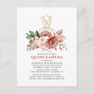 Quinceanera Rustieke Bloemen Faux Gouden Jurk 15e Uitnodiging Briefkaart
