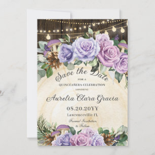 Quinceañera rustieke Paarse bloemenbetoverde bos Save The Date