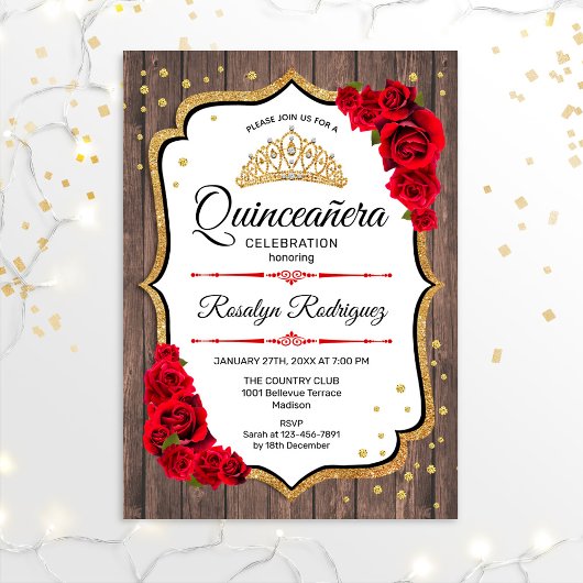 Quinceanera - Rustisch Wood White Gold Kaart