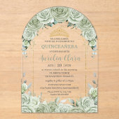 Quinceanera Sage Green Floral Modern Gold Arch Acryl Uitnodigingen (Voorkant)