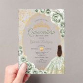 Quinceanera Sage Green Gold Floral Acryl Uitnodigingen (Insitu (Draagbaar))
