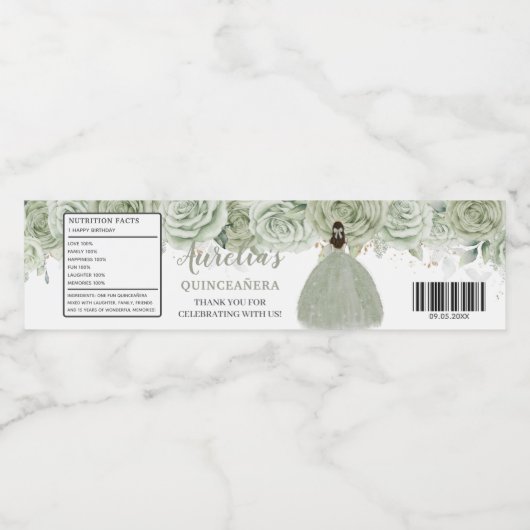 Quinceañera Sage Groen Bloemen Goud 16e Verjaardag Waterfles Etiket (Enkel label)