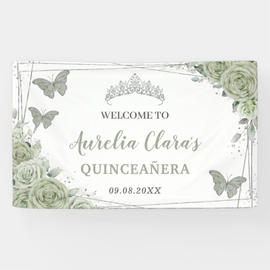 Quinceañera Sage Groen Bloemen Welkom Achtergrond Spandoek (Horizontaal)